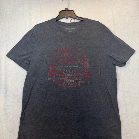 Lucky Brand T0shirt Mens Size XL Gray Large Graphic Heathered Crew Neck Casual - Picture 2 of 10